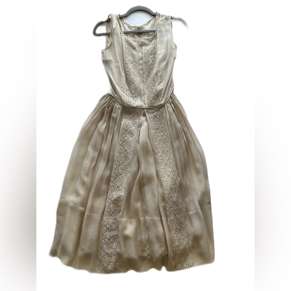 VTG Tulle and Lace Beige Midi Dress With Slip Size 4